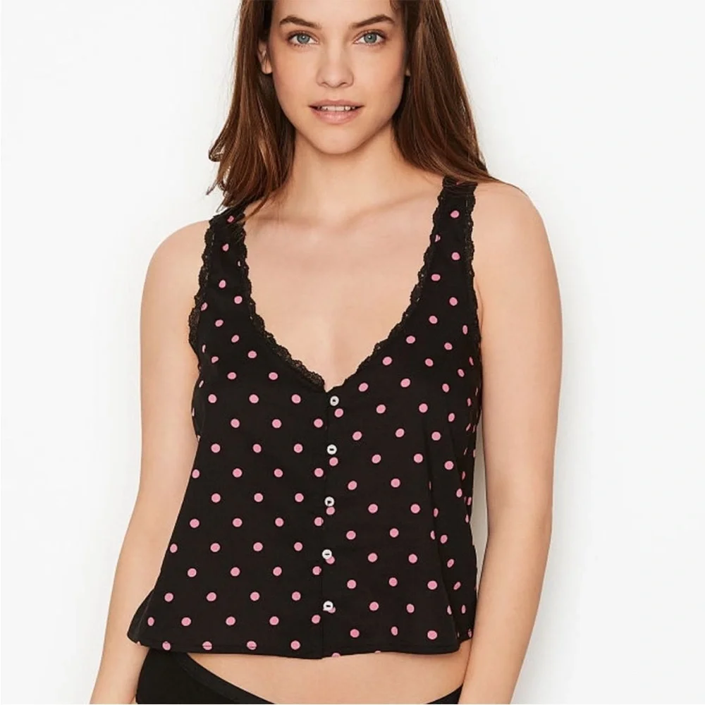 L Victoria's Secret Cotton Lace-Trim Button-Up Cami Black W/ Pink Polka Dots NWT - Picture 1 of 5
